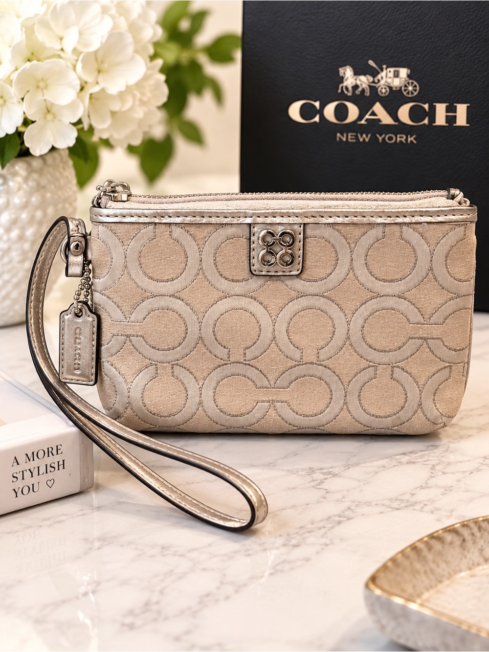Coach Metallic Champagne Signature C Jacquard Wristlet Y2K